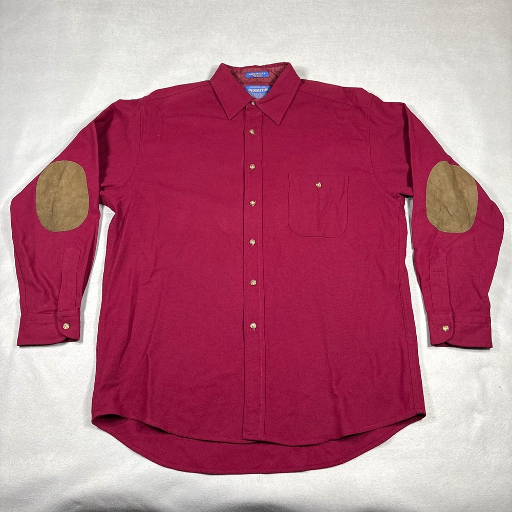 Pendleton Wool Shirt Mens Large Burgundy Red Elbow Patches Made in USA Vintage